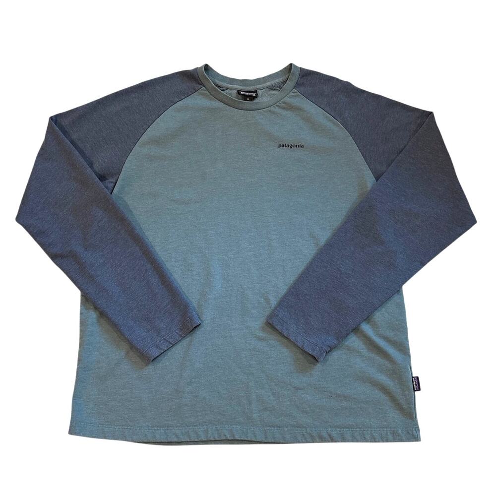 Patagonia Organic Cotton Sweatshirt Men Large Green Blue Crew Neck Pullover READ